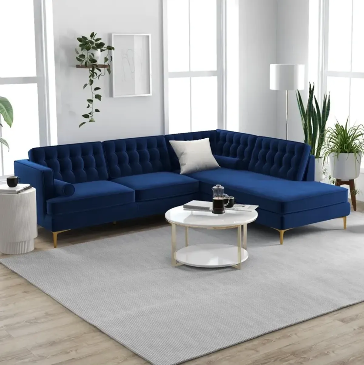 Caleb Blue Velvet Sectional Sofa Right Facing Chaise