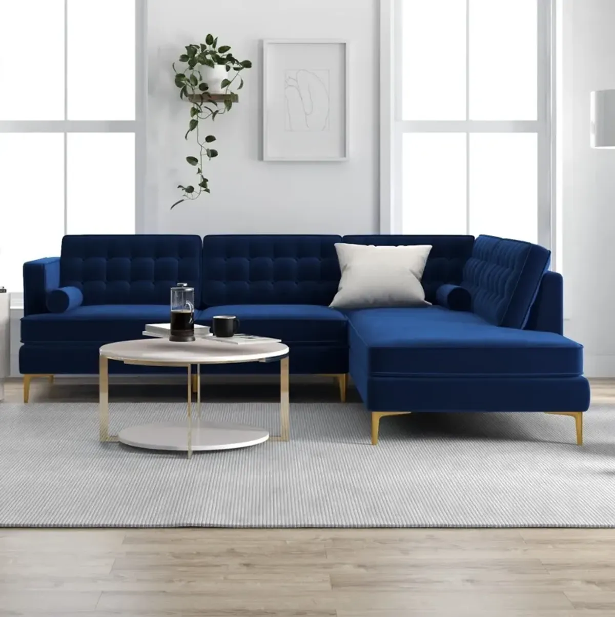 Caleb Blue Velvet Sectional Sofa Right Facing Chaise