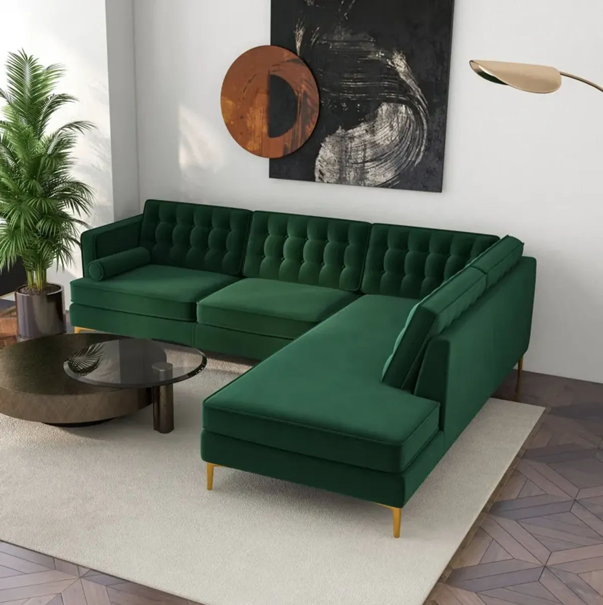 Caleb Sectional Sofa Green Velvet Right Chaise