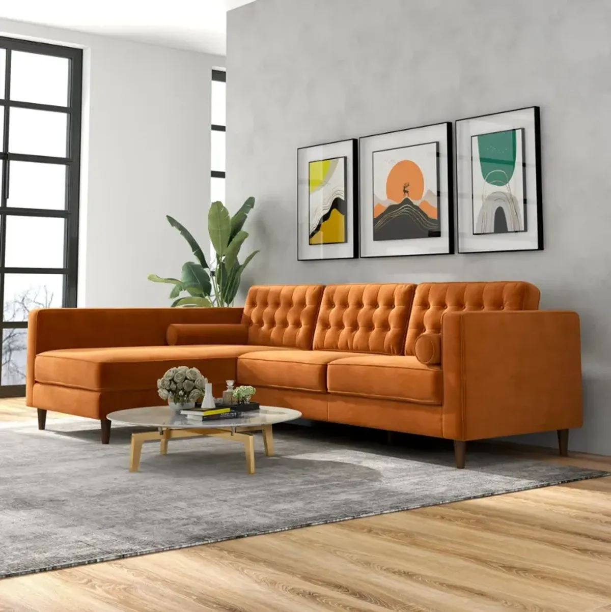 Olson Sectional Sofa Burnt Orange Velvet Left Chaise