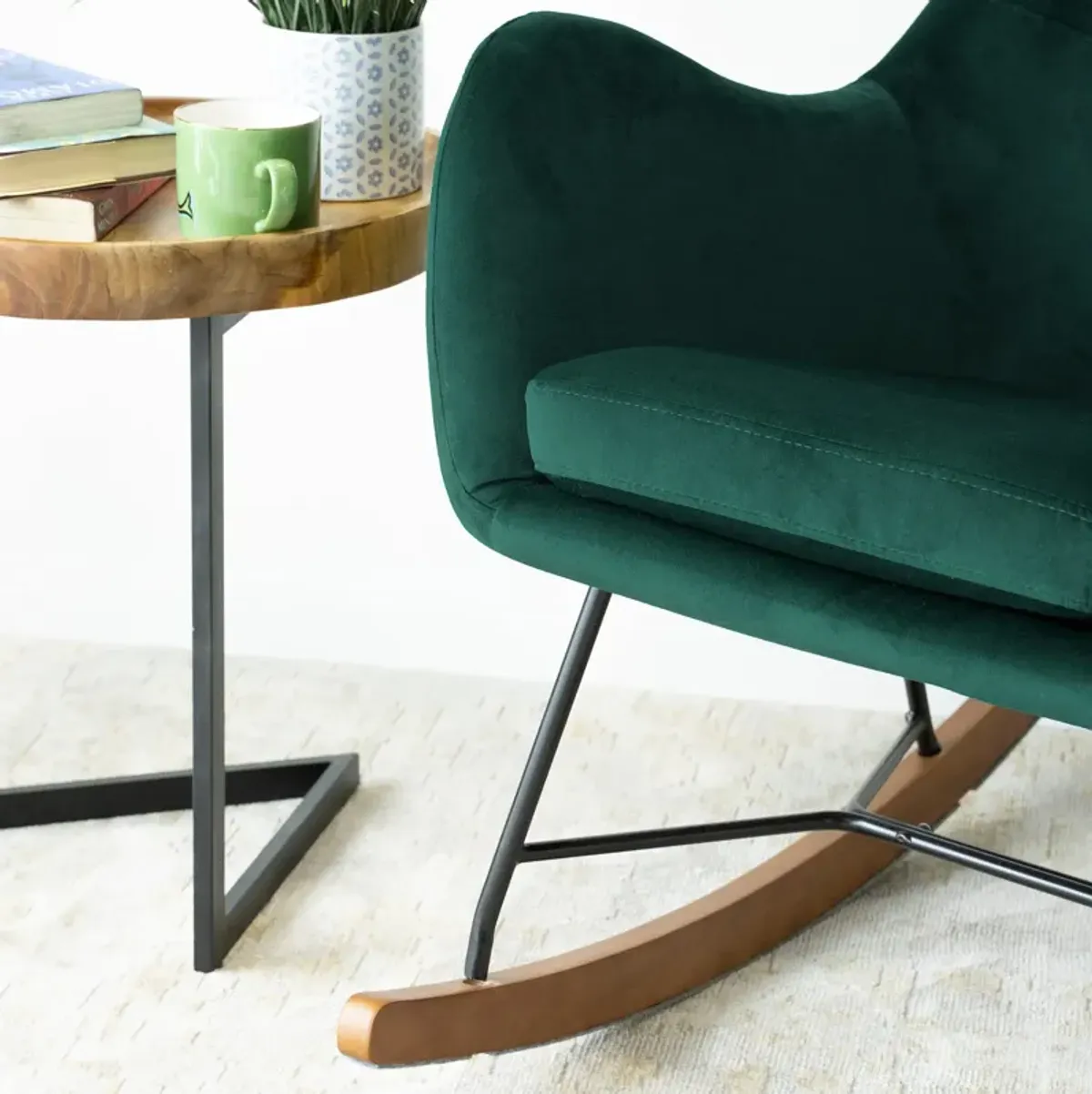 Rumi Green Velvet Fabric Rocking Chair