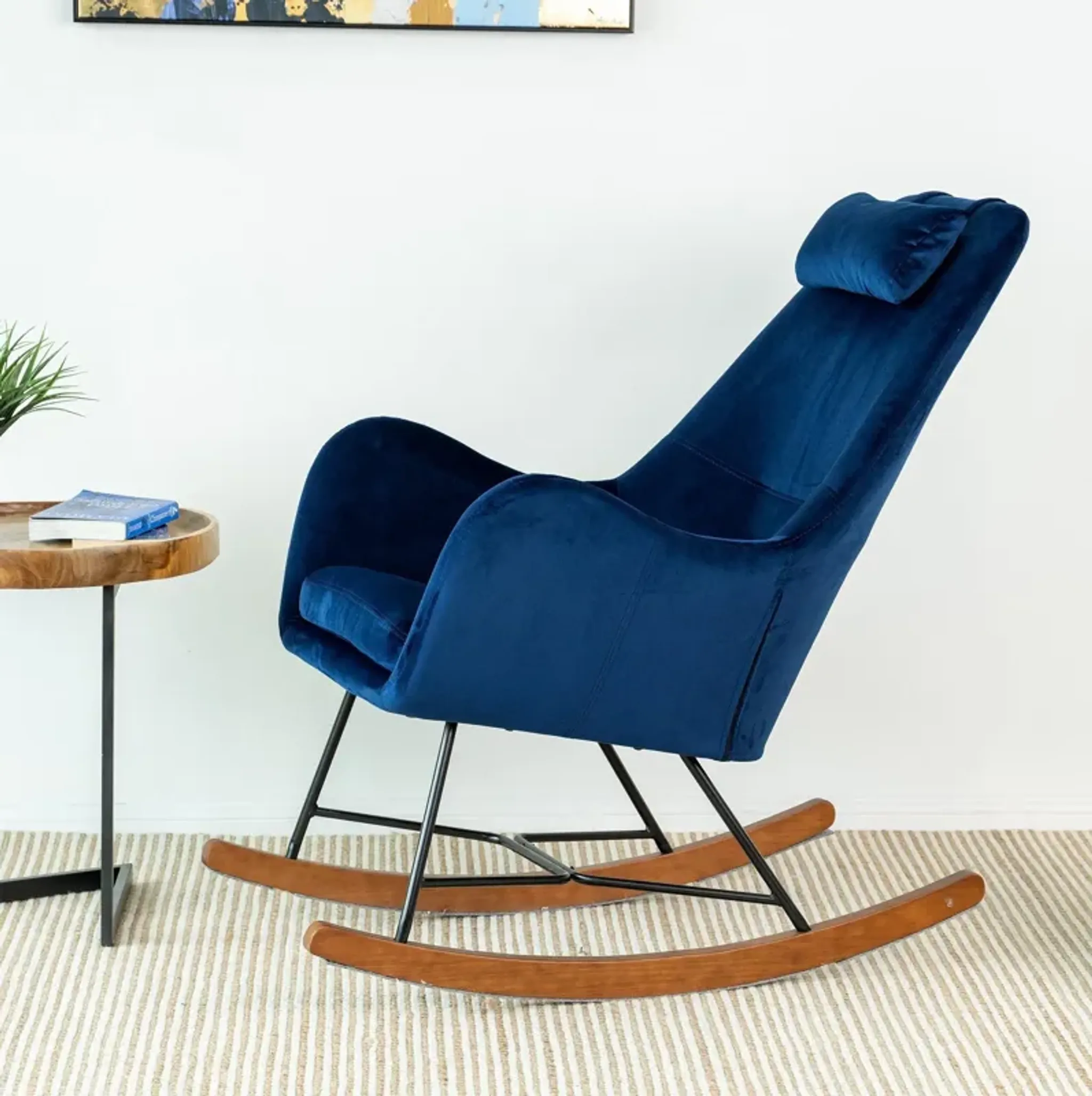 Rumi Blue Velvet Fabric Rocking Chair Mid In Mod | Furniture.com