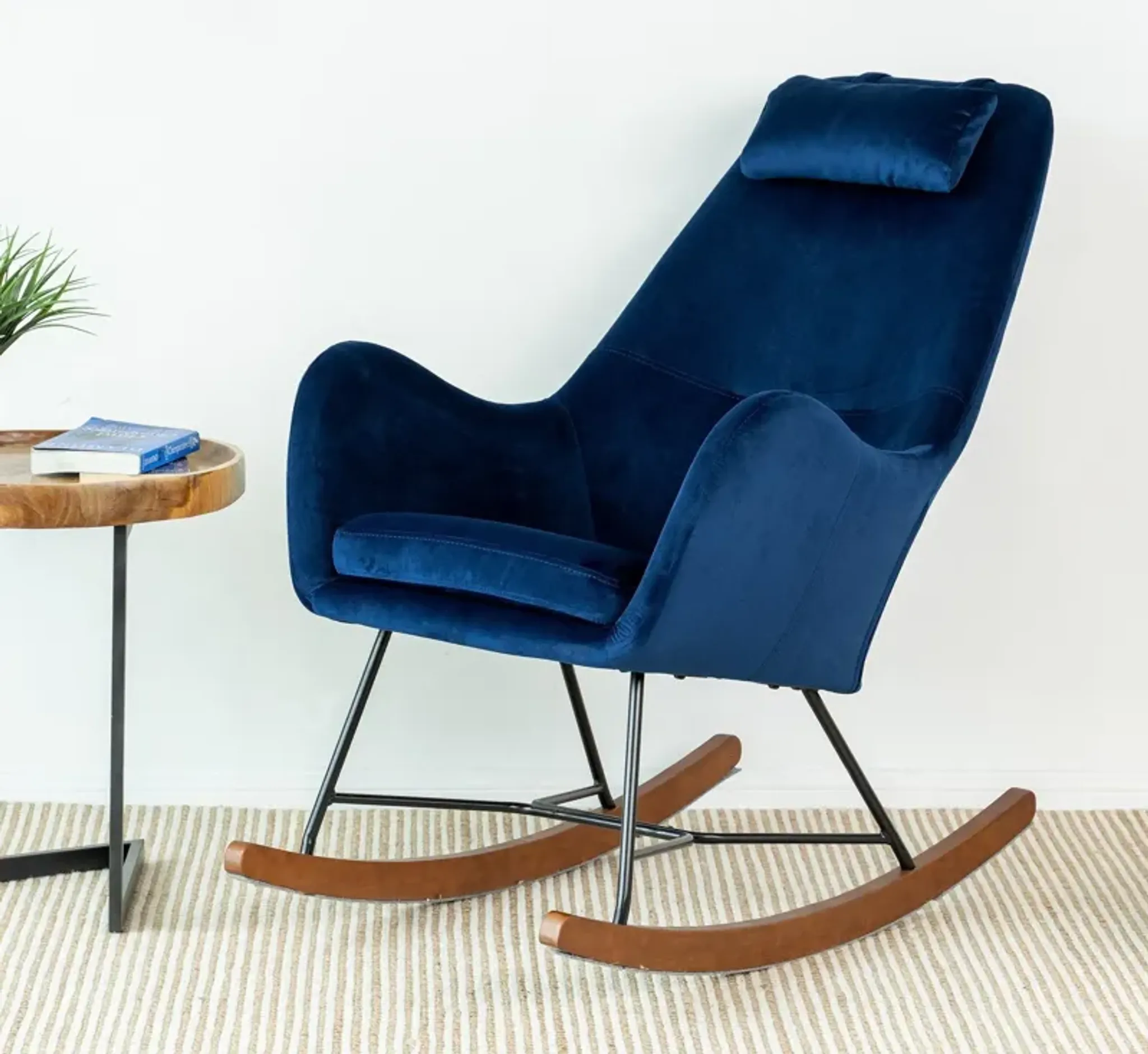 Rumi Blue Velvet Fabric Rocking Chair Mid In Mod | Furniture.com