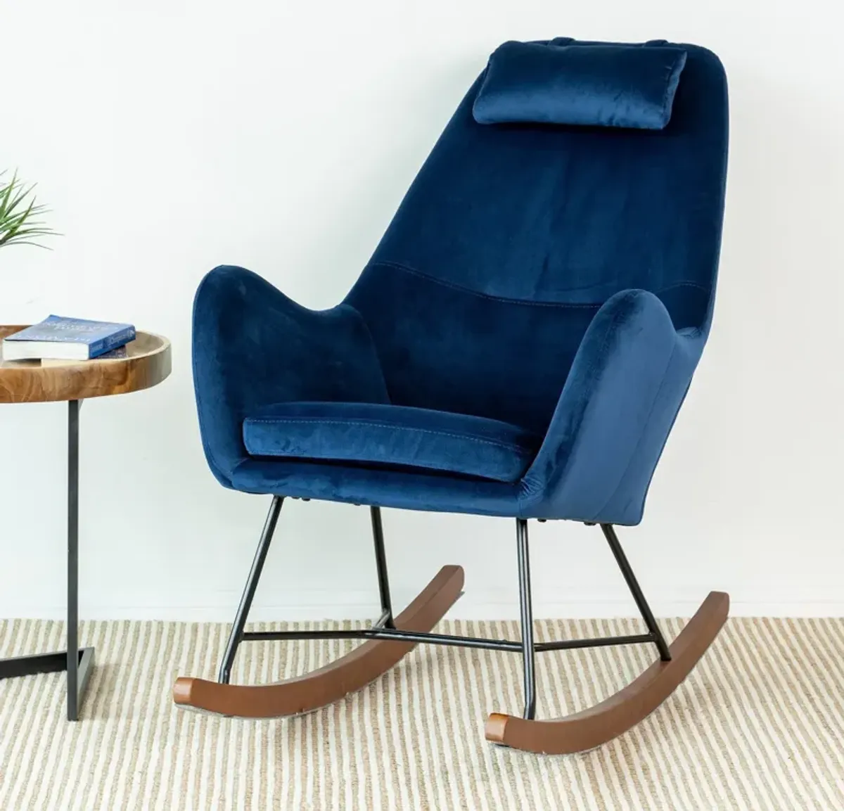 Rumi Blue Velvet Fabric Rocking Chair