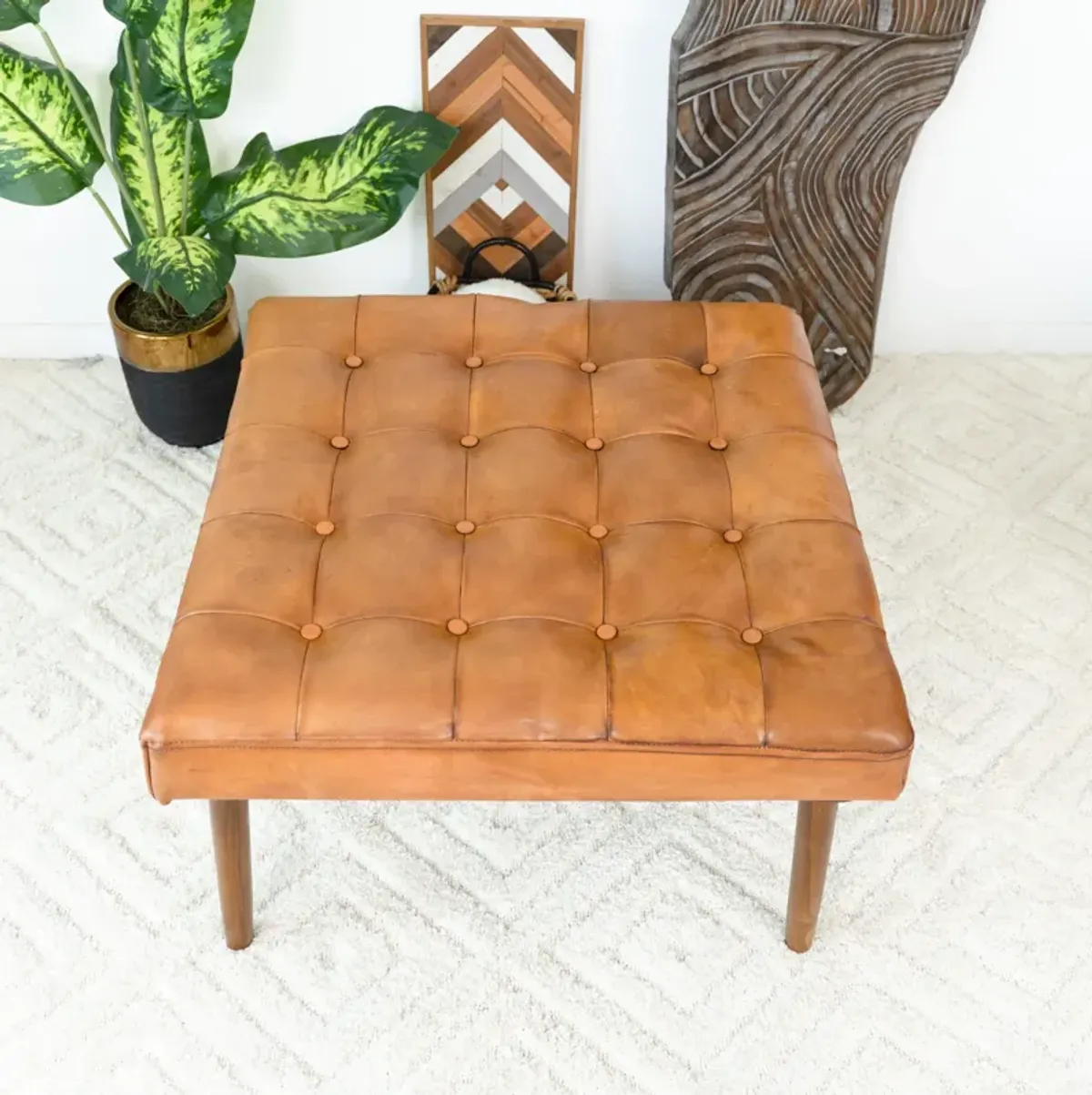 Katy Tan Leather Ottoman w/ Buttons