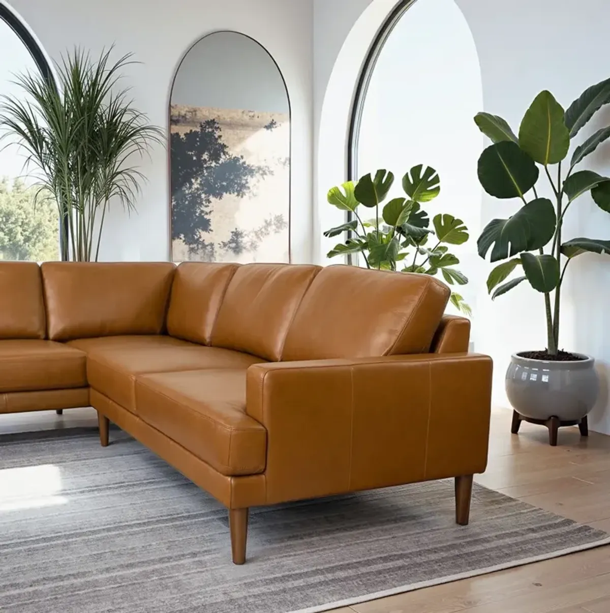 Harmony Tan Leather Sectional Sofa Left Facing Chaise