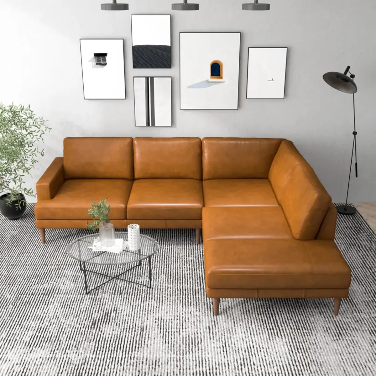 Harmony Tan Leather Sectional Sofa Right Facing Chaise