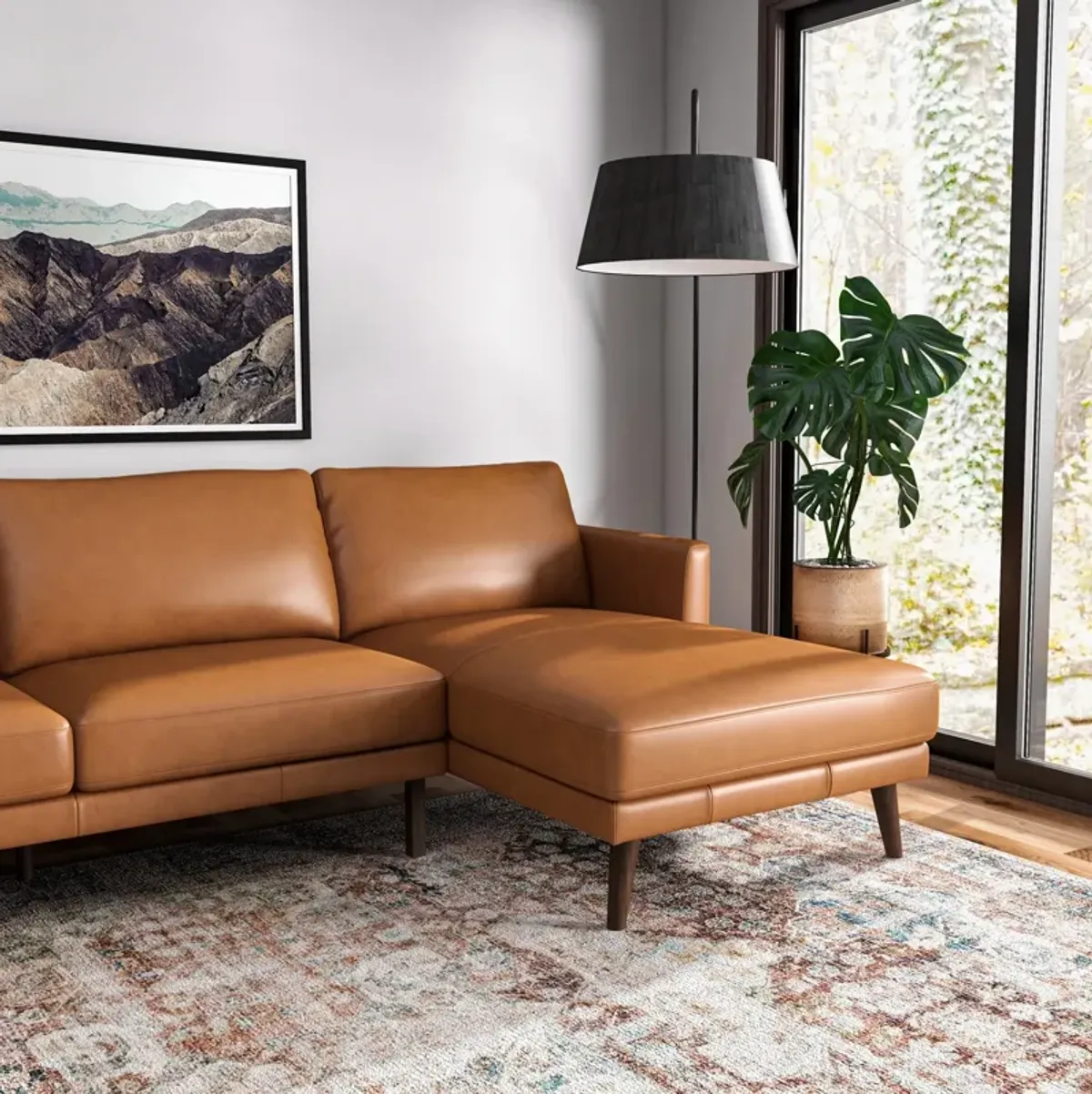 Lorena Tan Leather Sectional Sofa Right Facing Chaise