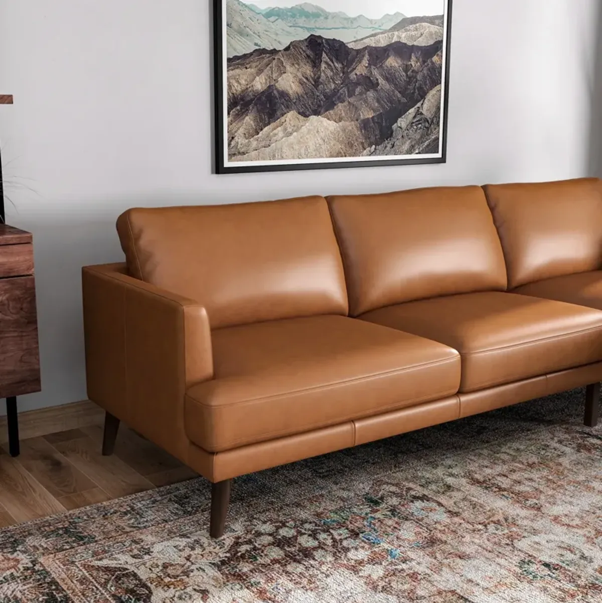 Lorena Tan Leather Sectional Sofa Right Facing Chaise