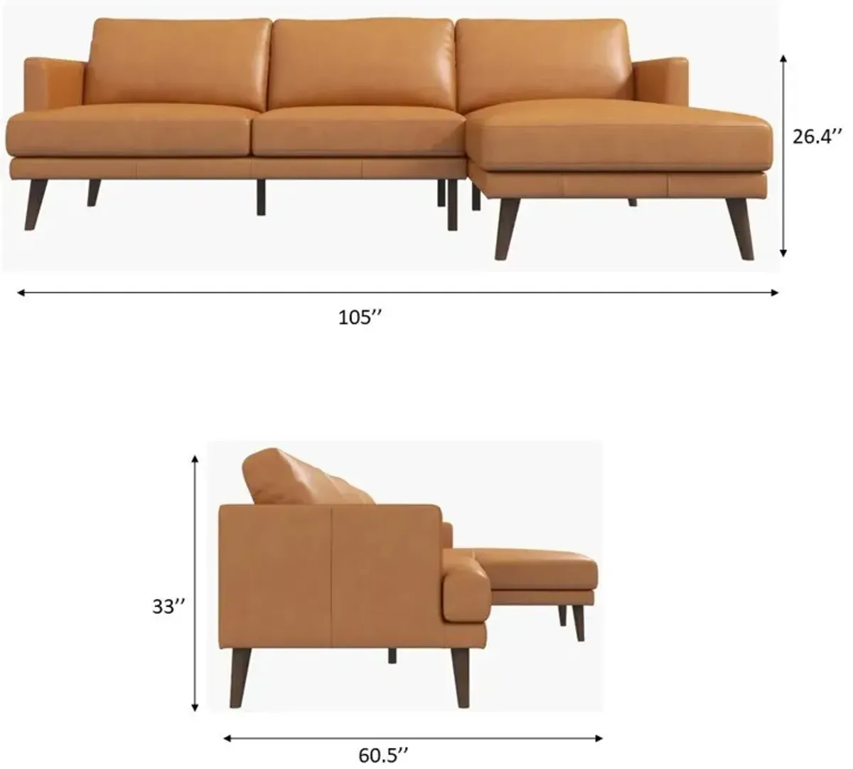 Lorena Tan Leather Sectional Sofa Right Facing Chaise