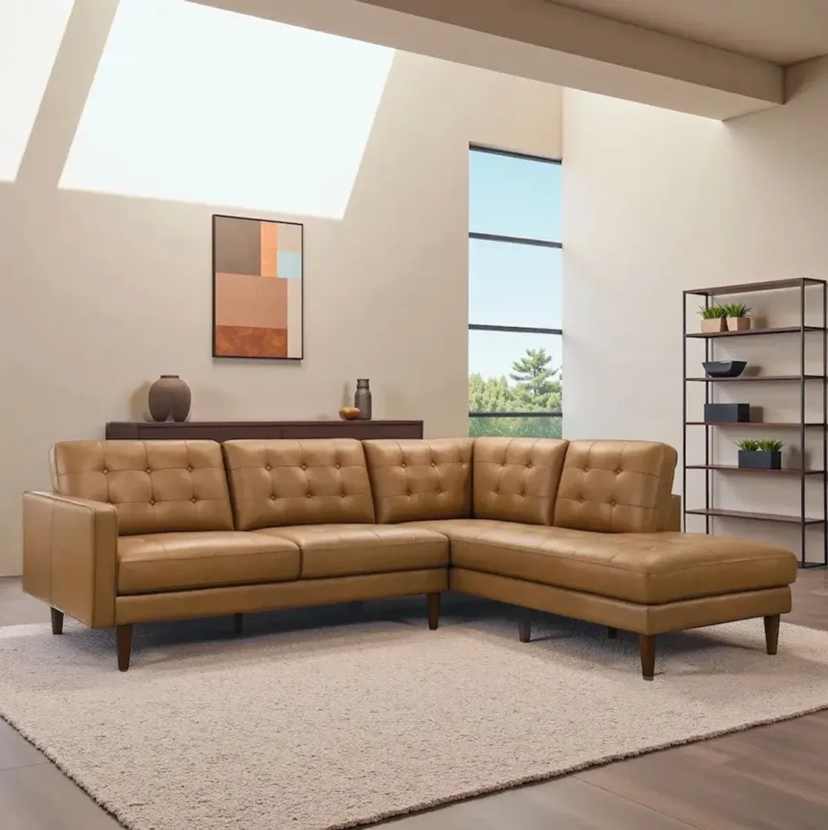 Lugano L-Shaped Genuine Tan Leather Right-Facing Sectional Sofa