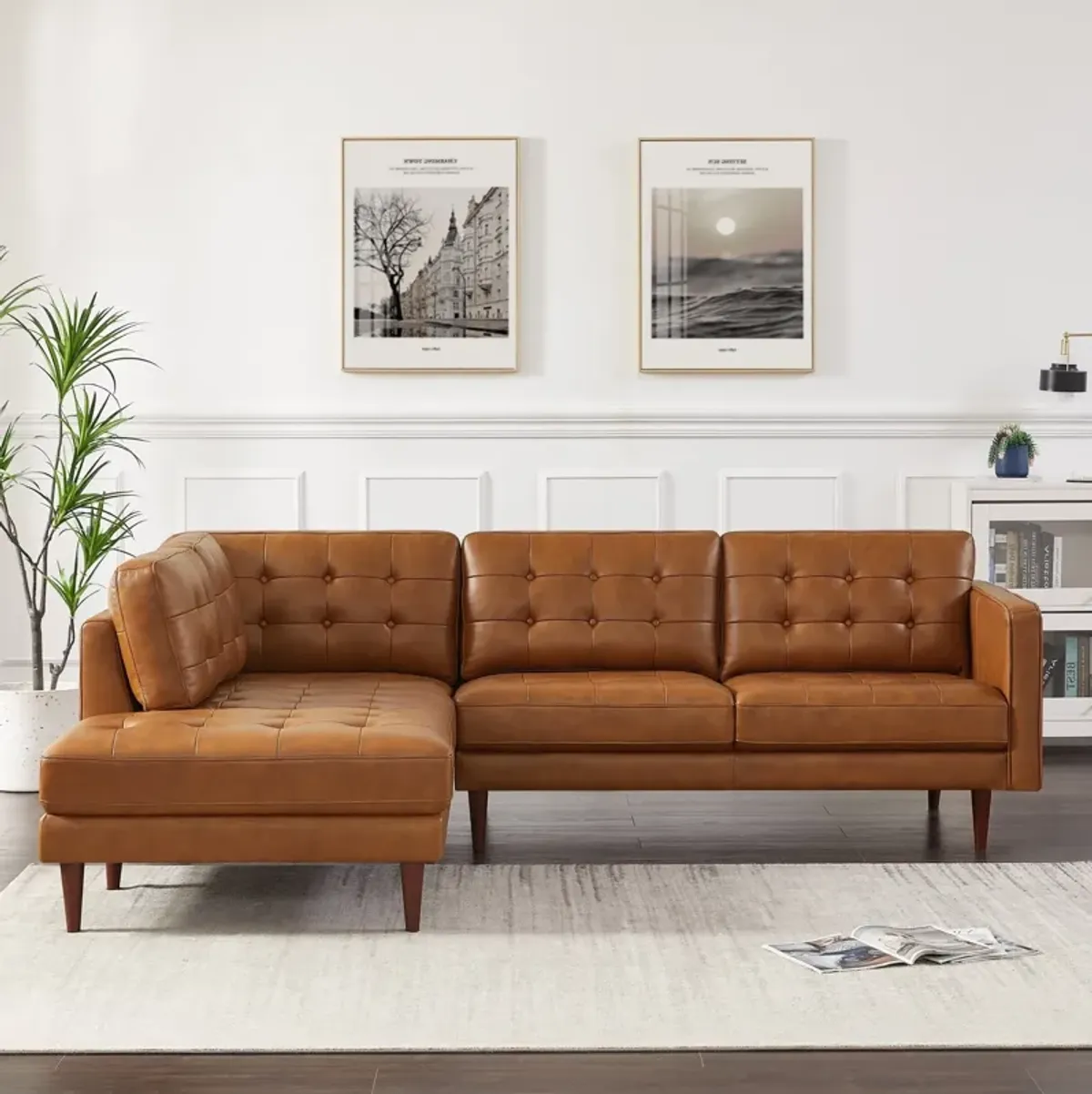 Lugano L-Shaped Genuine Leather Left-Facing Sectional Sofa Cognac