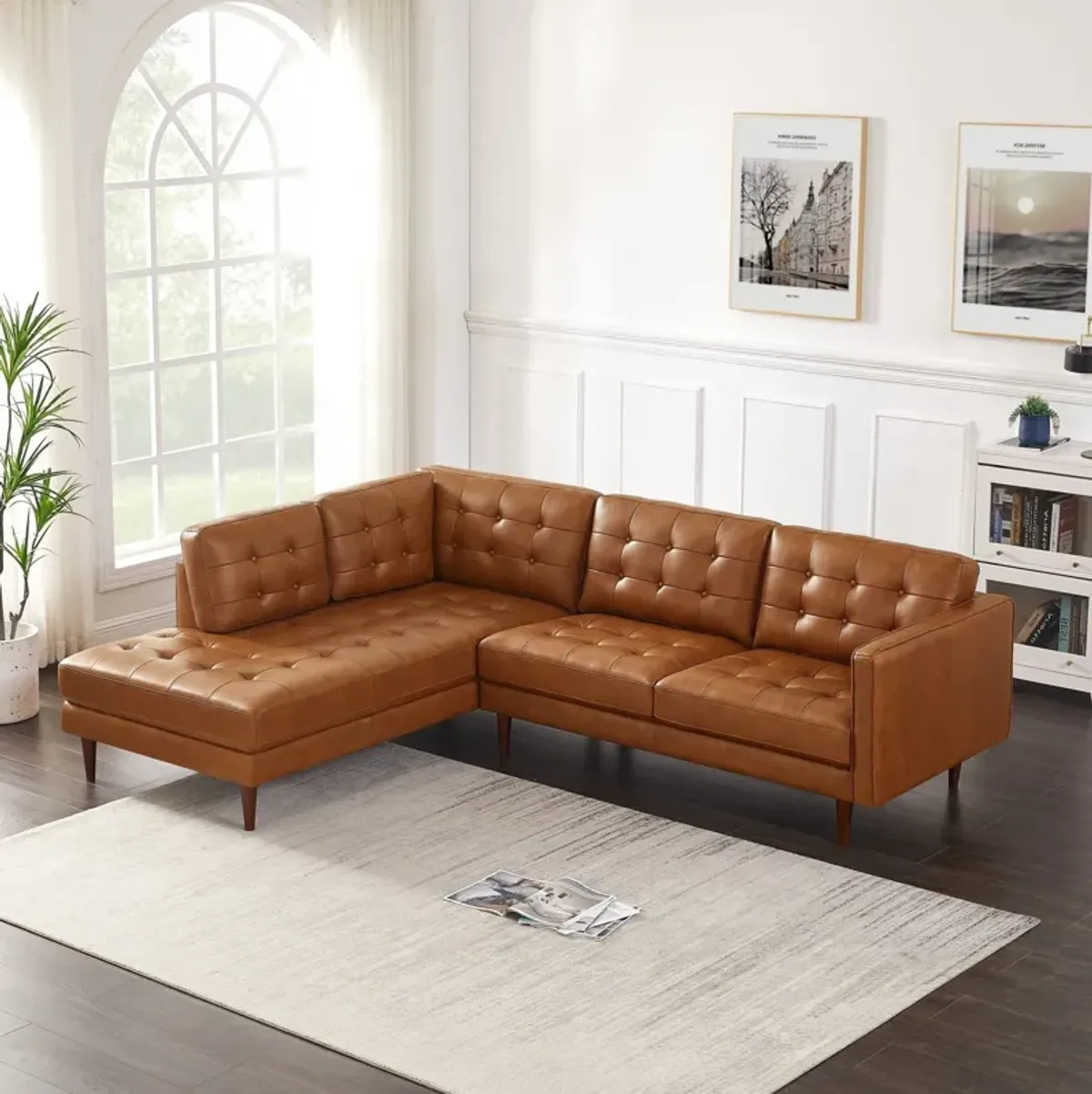 Lugano L-Shaped Genuine Leather Left-Facing Sectional Sofa Cognac