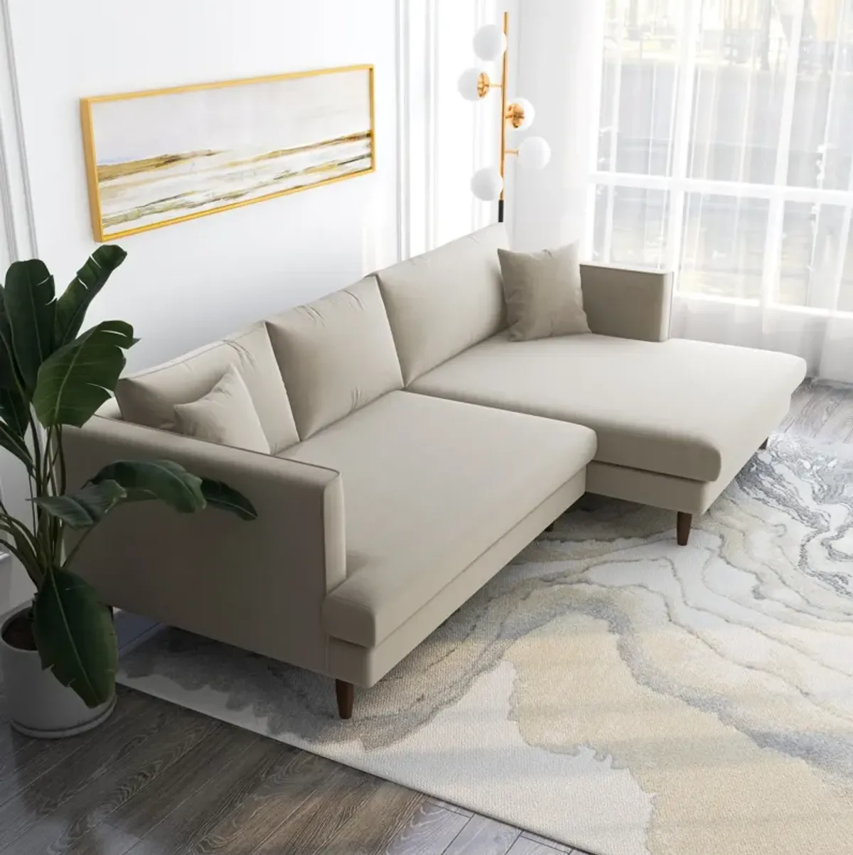 Delano Beige Velvet Sectional Sofa Right Facing Chaise