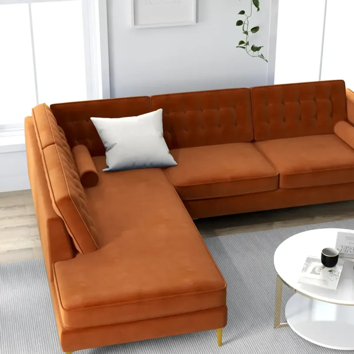 Caleb Burnt Orange Velvet Sectional Sofa Left Facing Chaise