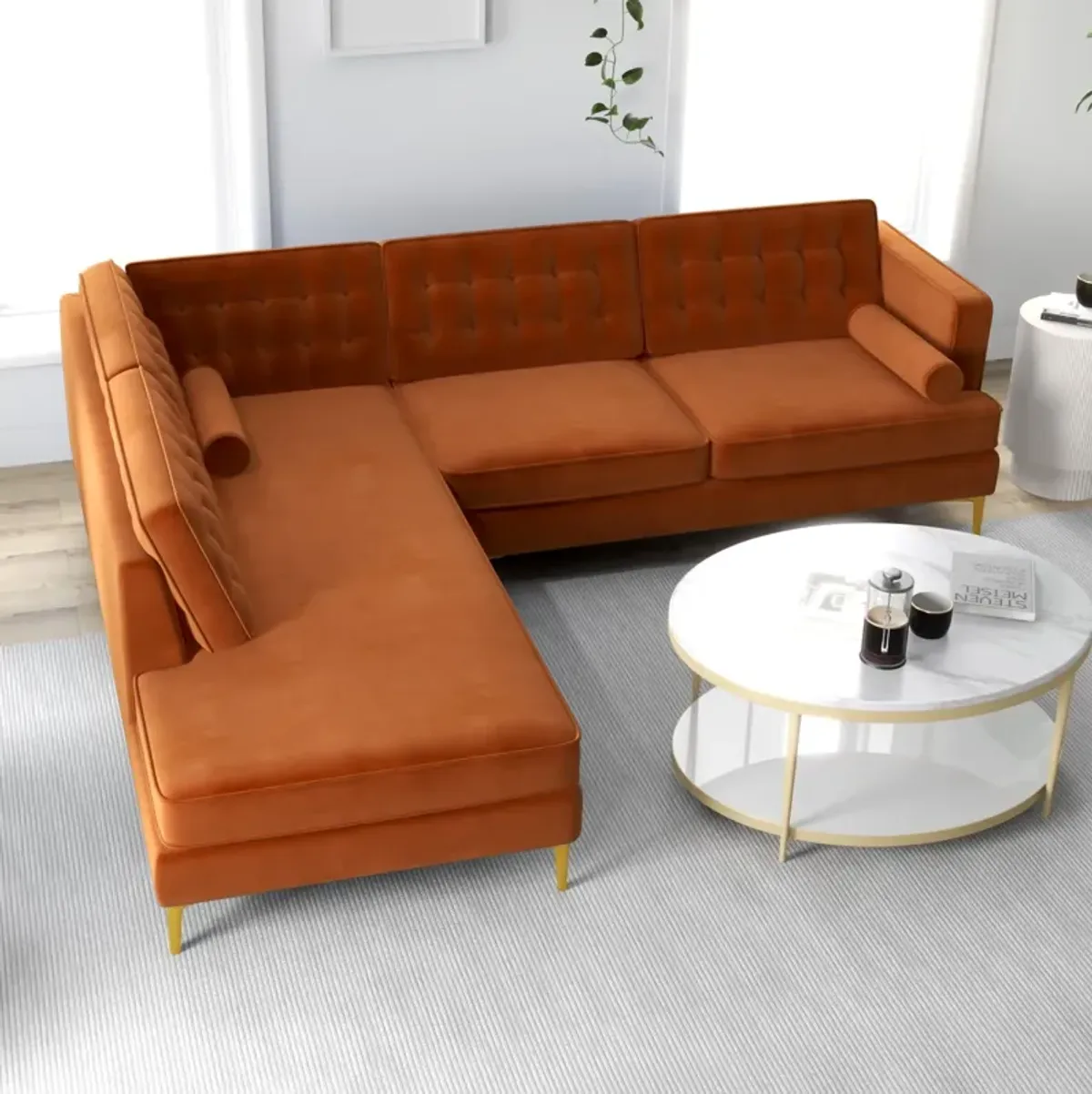 Caleb Burnt Orange Velvet Sectional Sofa Left Facing Chaise