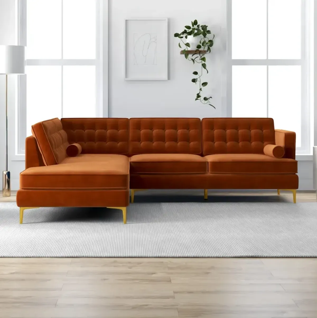 Caleb Burnt Orange Velvet Sectional Sofa Left Facing Chaise