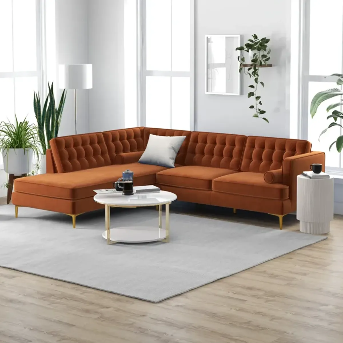 Caleb Burnt Orange Velvet Sectional Sofa Left Facing Chaise