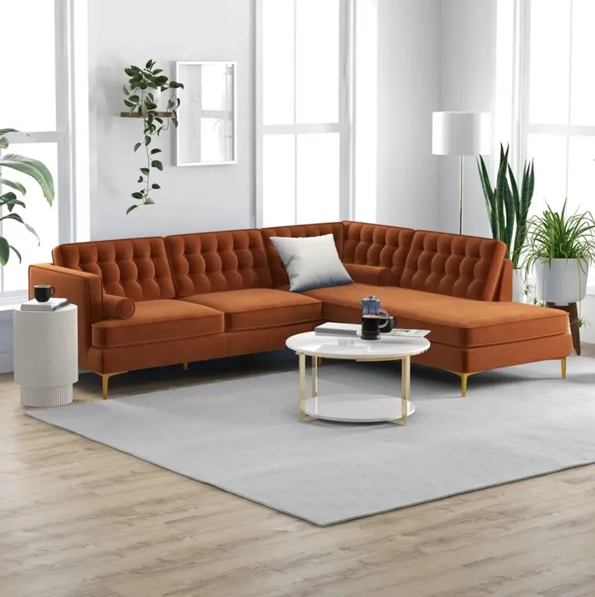 Caleb Burnt Orange Velvet Sectional Sofa Right Facing Chaise