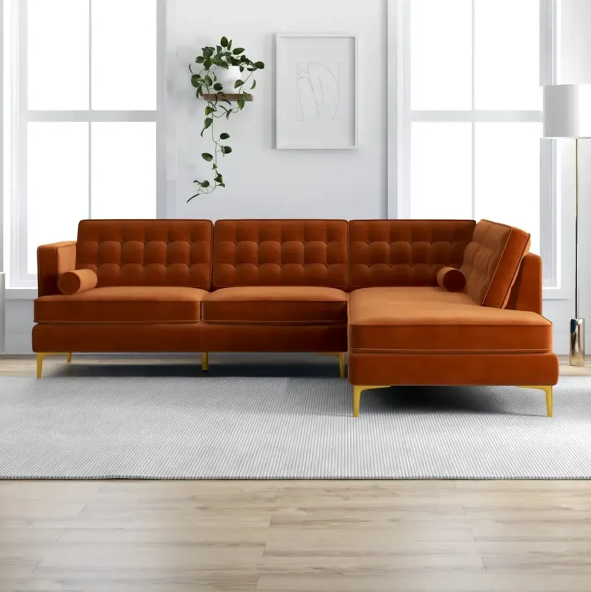 Caleb Burnt Orange Velvet Sectional Sofa Right Facing Chaise