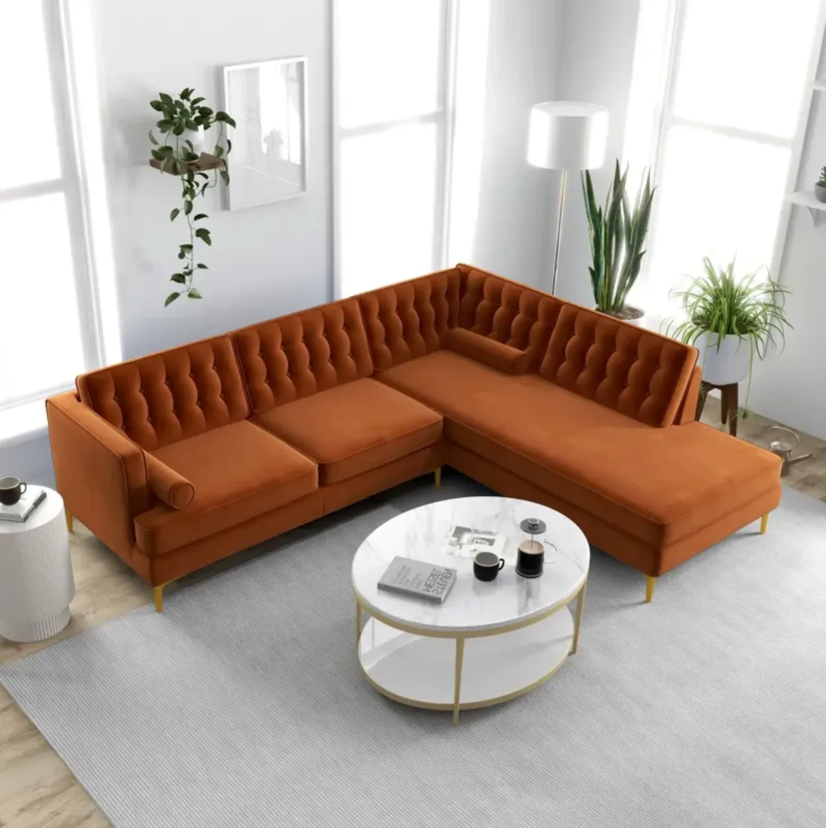 Caleb Burnt Orange Velvet Sectional Sofa Right Facing Chaise