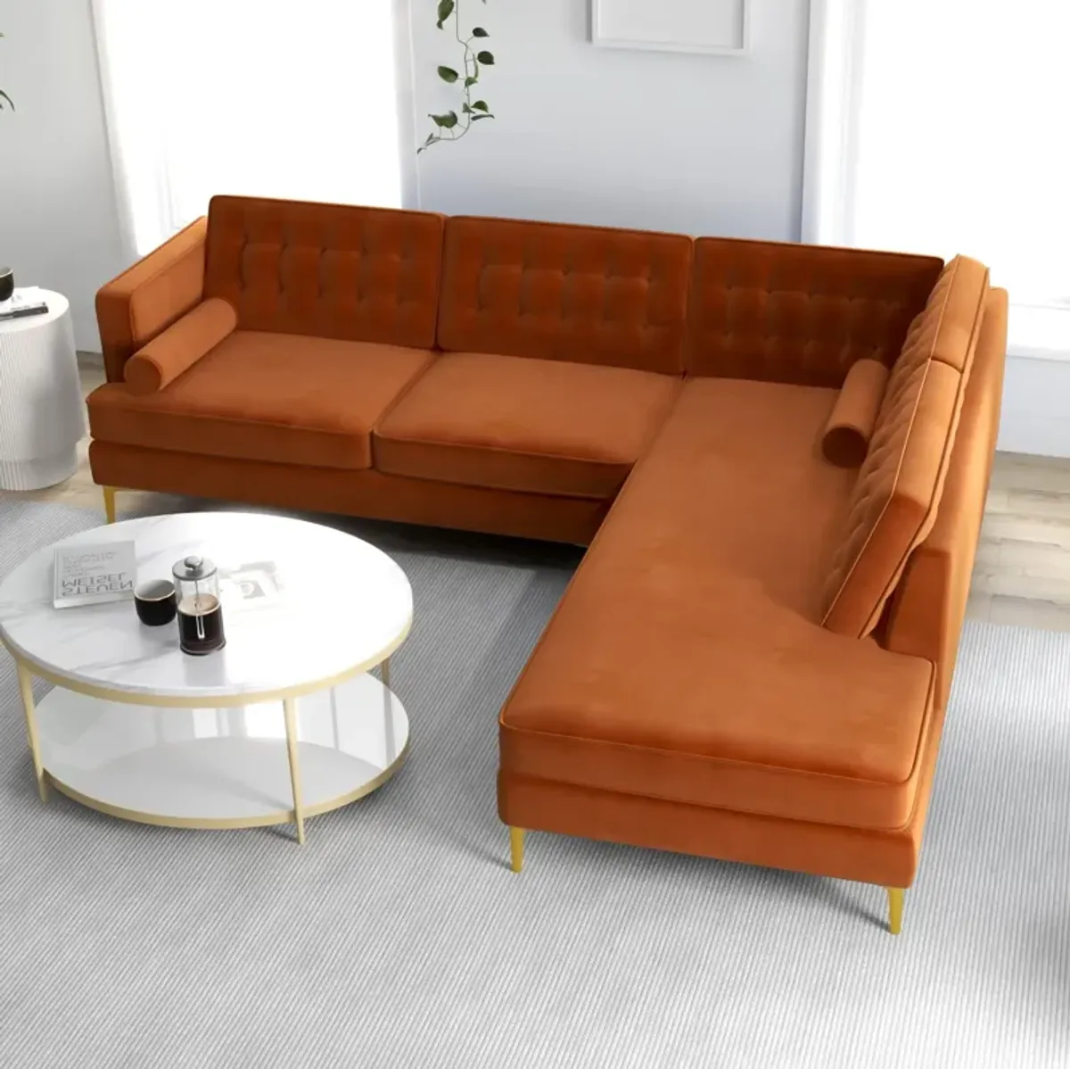 Caleb Burnt Orange Velvet Sectional Sofa Right Facing Chaise