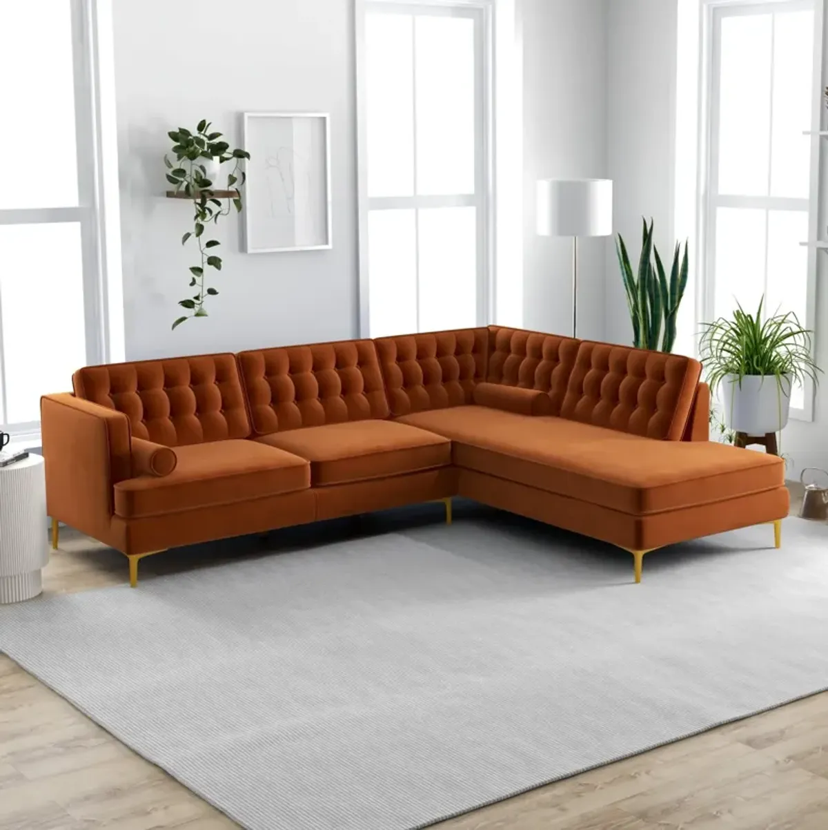 Caleb Burnt Orange Velvet Sectional Sofa Right Facing Chaise