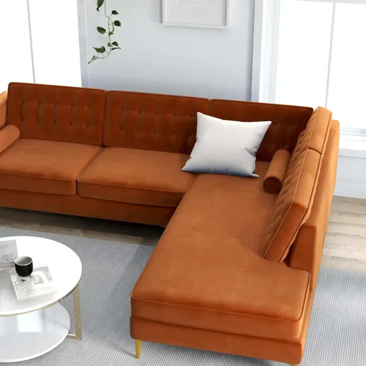 Caleb Burnt Orange Velvet Sectional Sofa Right Facing Chaise