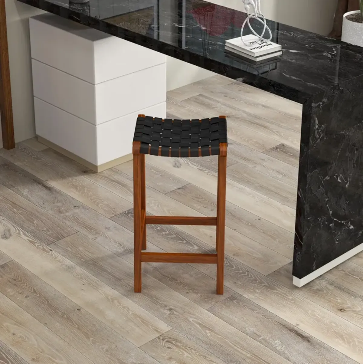 Andaman Black Leather Bar Stool