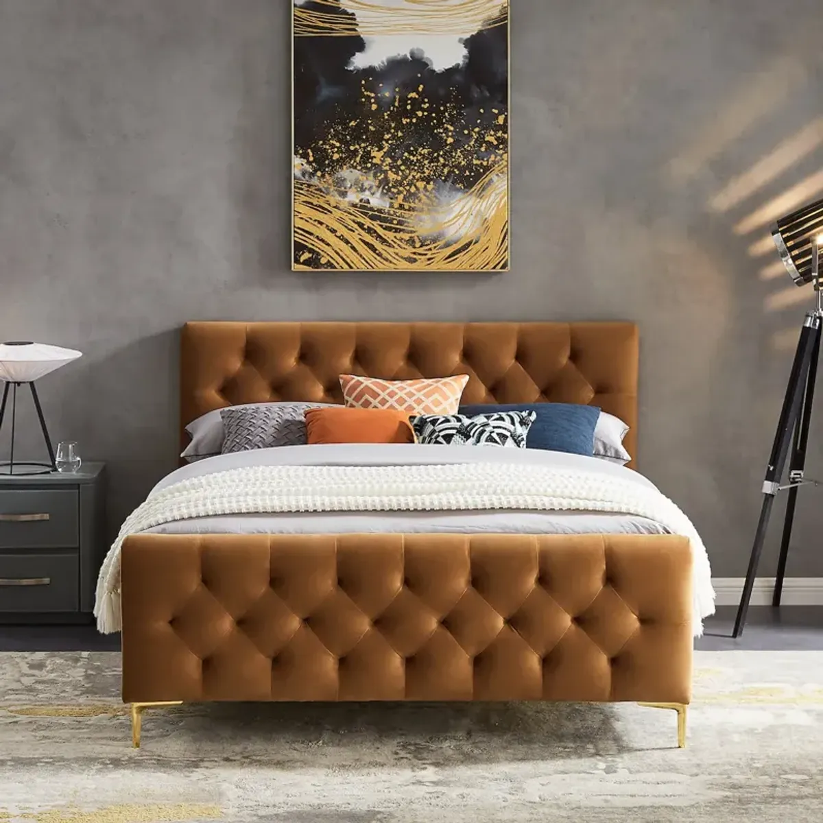 Beverly Queen Cognac Velvet Platform Bed