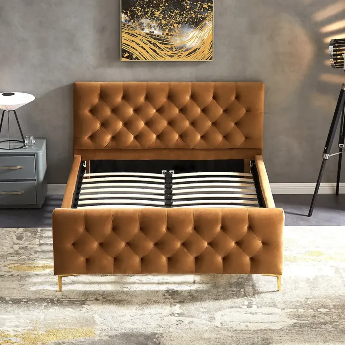 Beverly Queen Cognac Velvet Platform Bed