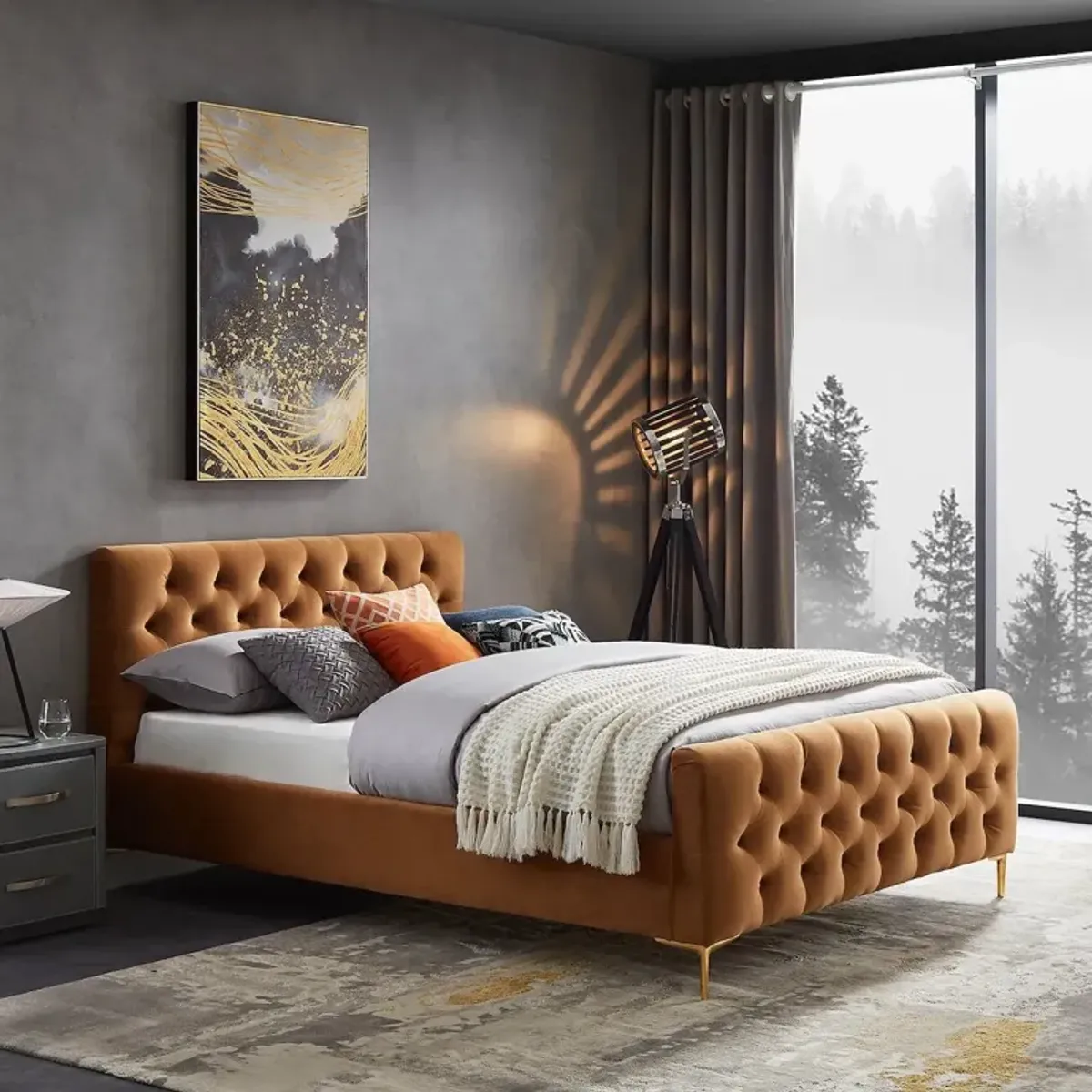 Beverly Queen Cognac Velvet Platform Bed