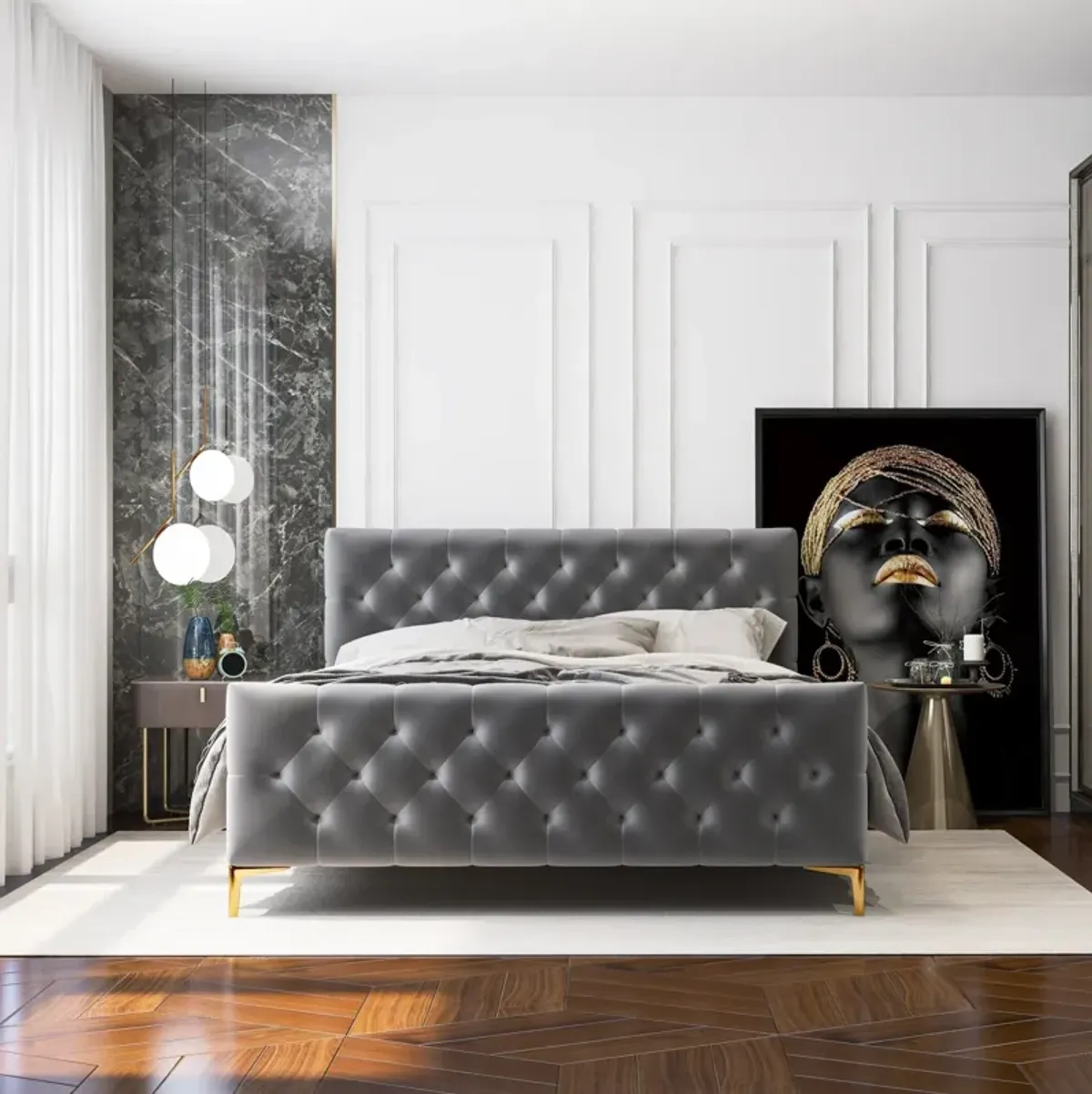 Beverly Queen Dark Grey Velvet Platform Bed