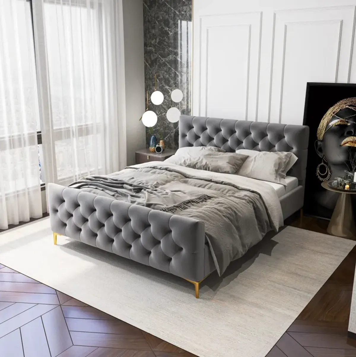 Beverly Queen Dark Grey Velvet Platform Bed