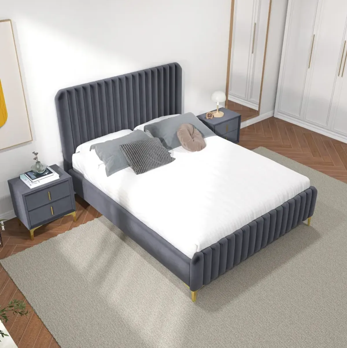 Angela Queen Grey Velvet Platform Bed