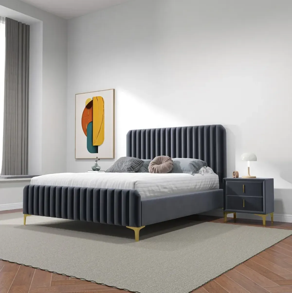 Angela Queen Grey Velvet Platform Bed