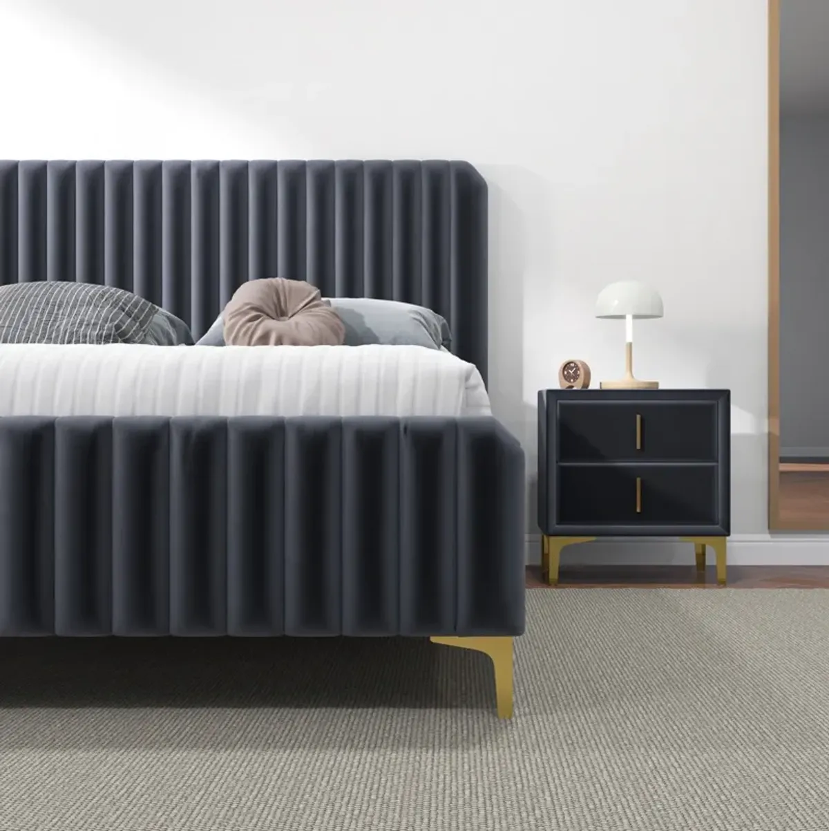 Angela Queen Grey Velvet Platform Bed