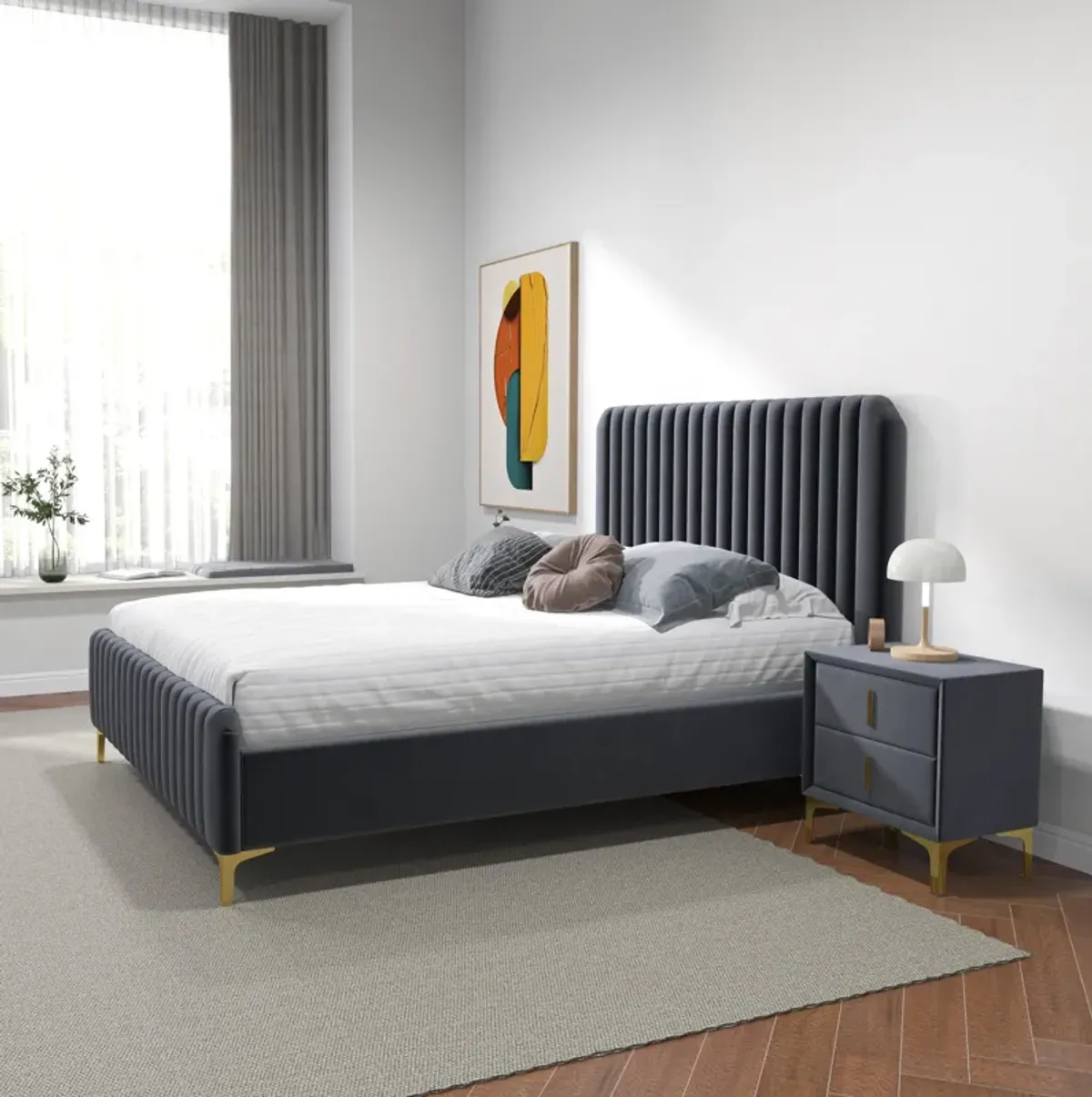 Angela Queen Grey Velvet Platform Bed