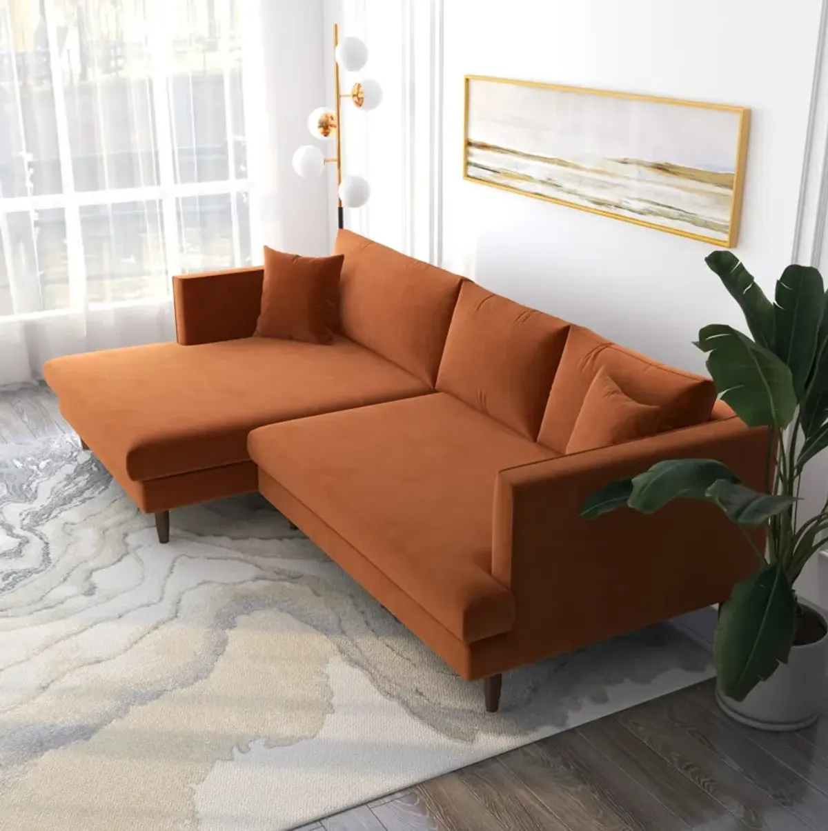 Delano Burnt Orange Velvet Left-Facing Sectional Sofa