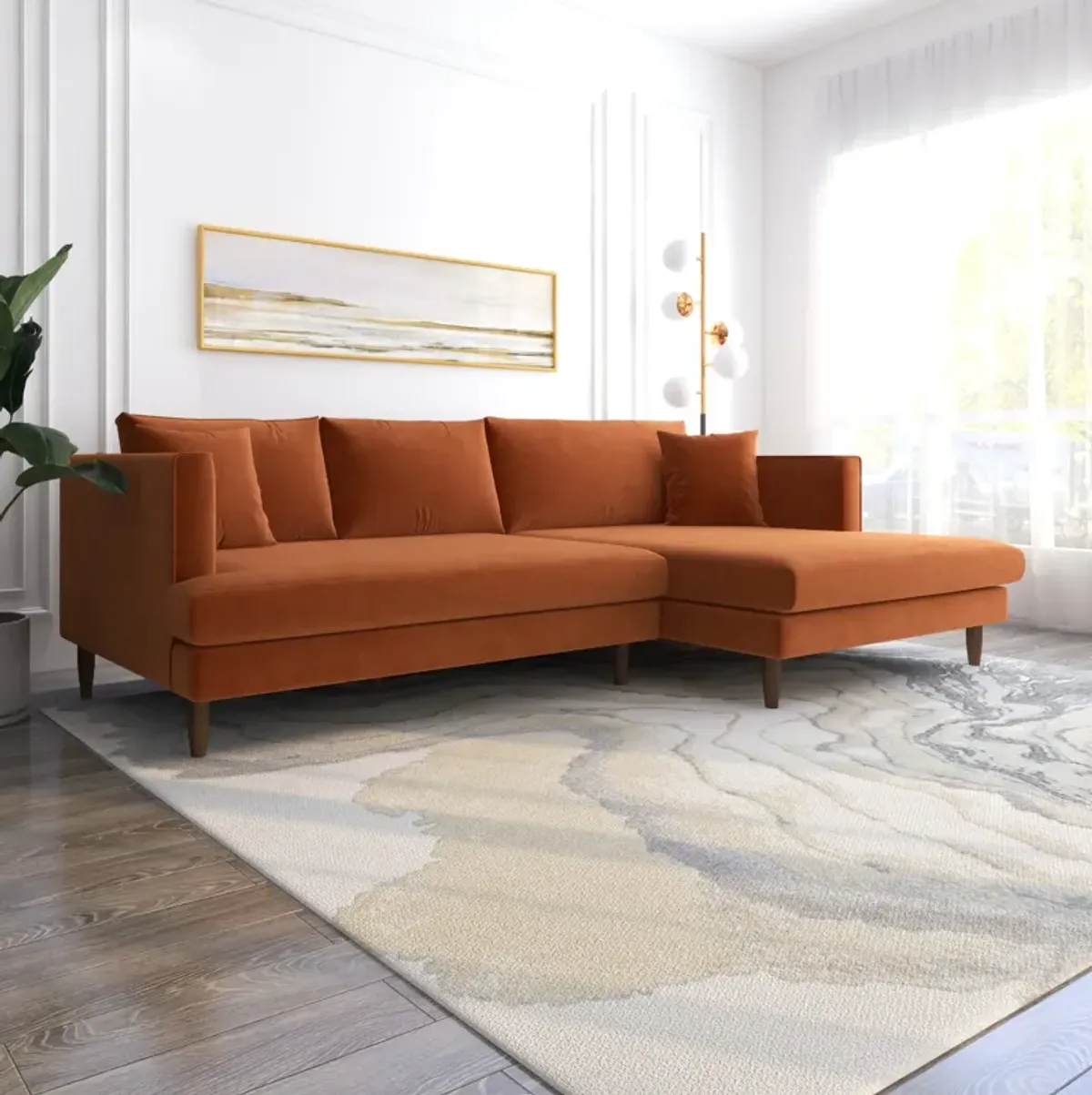 Delano Burnt Orange Velvet Right-Facing Sectional Sofa