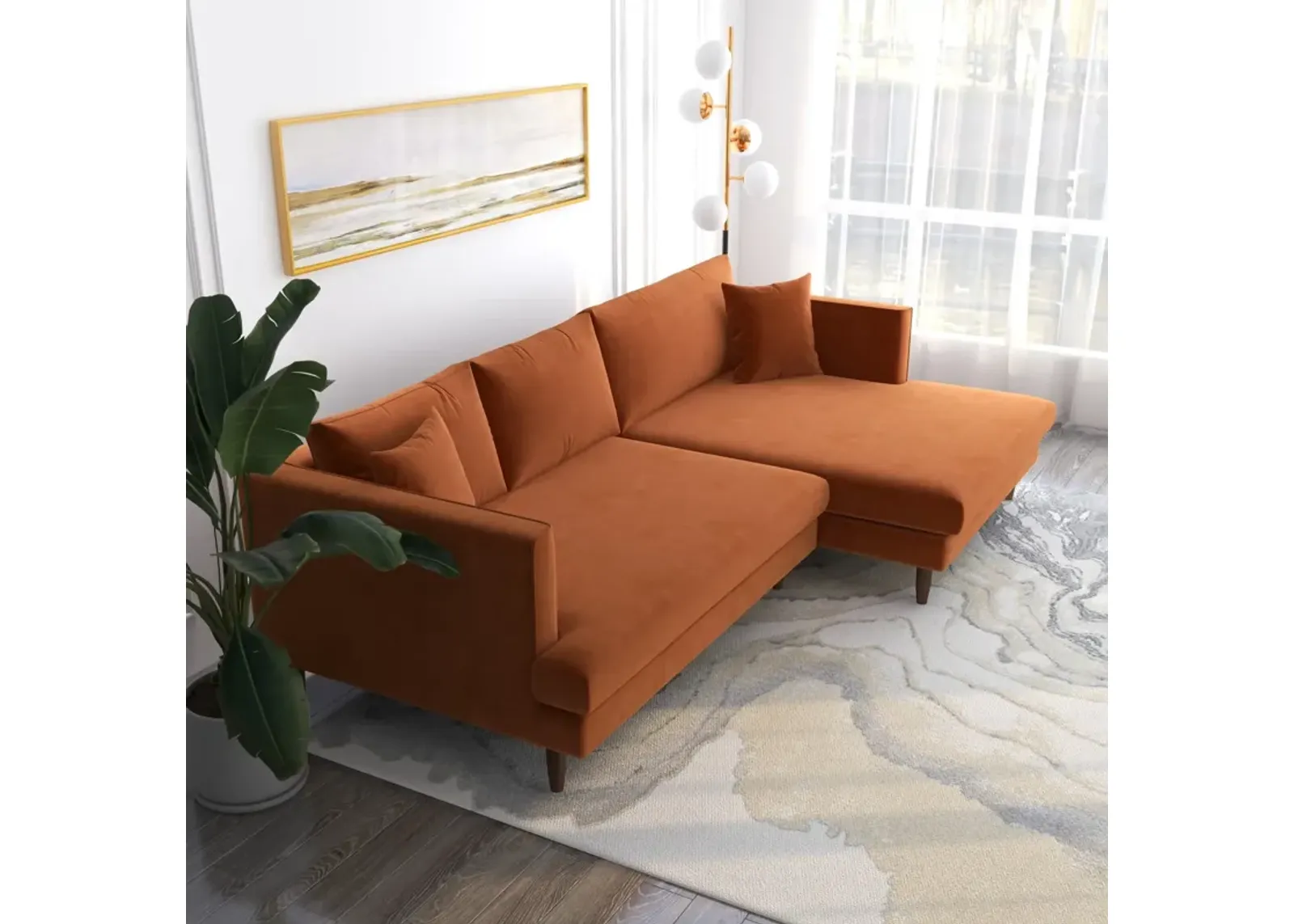 Delano Burnt Orange Velvet Sectional Sofa Right Facing Chaise