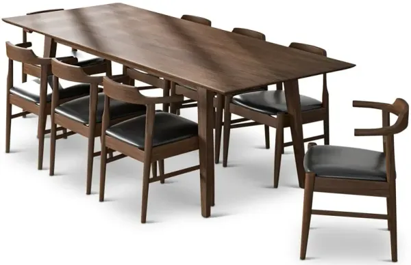 Adira XLarge Walnut Dining Set with 8 Zola Black Leather Dining Chairs