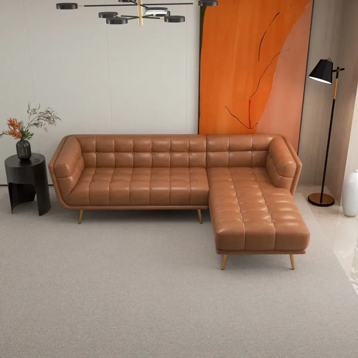 Kano Cognac Leather Sectional Sofa Right Facing Chaise