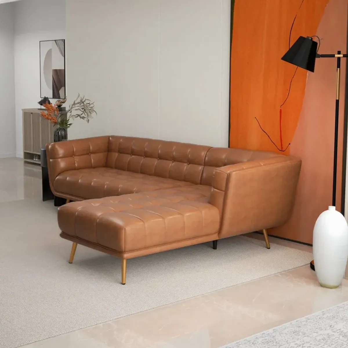 Kano Cognac Leather Sectional Sofa Right Facing Chaise