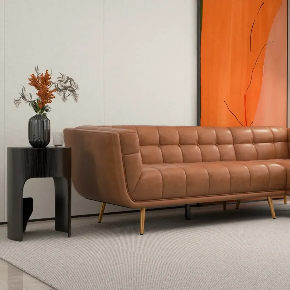 Kano Cognac Leather Sectional Sofa Right Facing Chaise