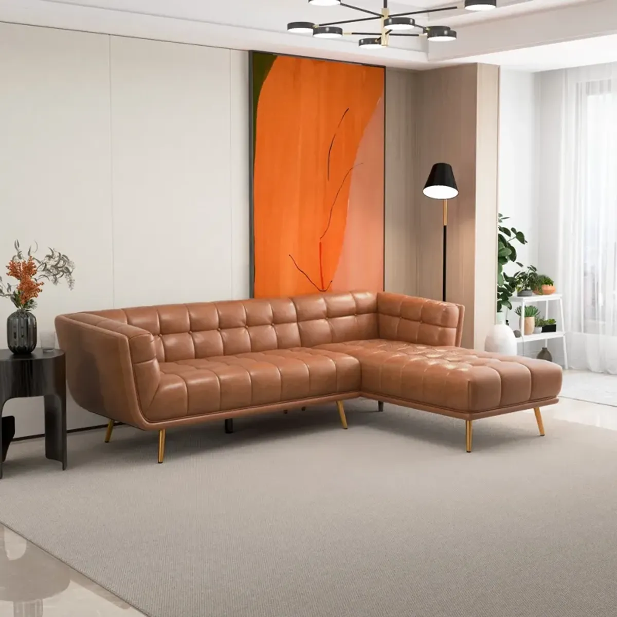 Kano Cognac Leather Sectional Sofa Right Facing Chaise