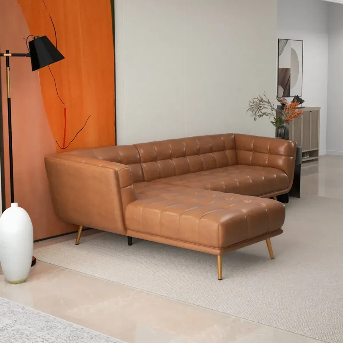 Kano L Shape Cognac Leather Sectional Sofa Left Facing Chaise