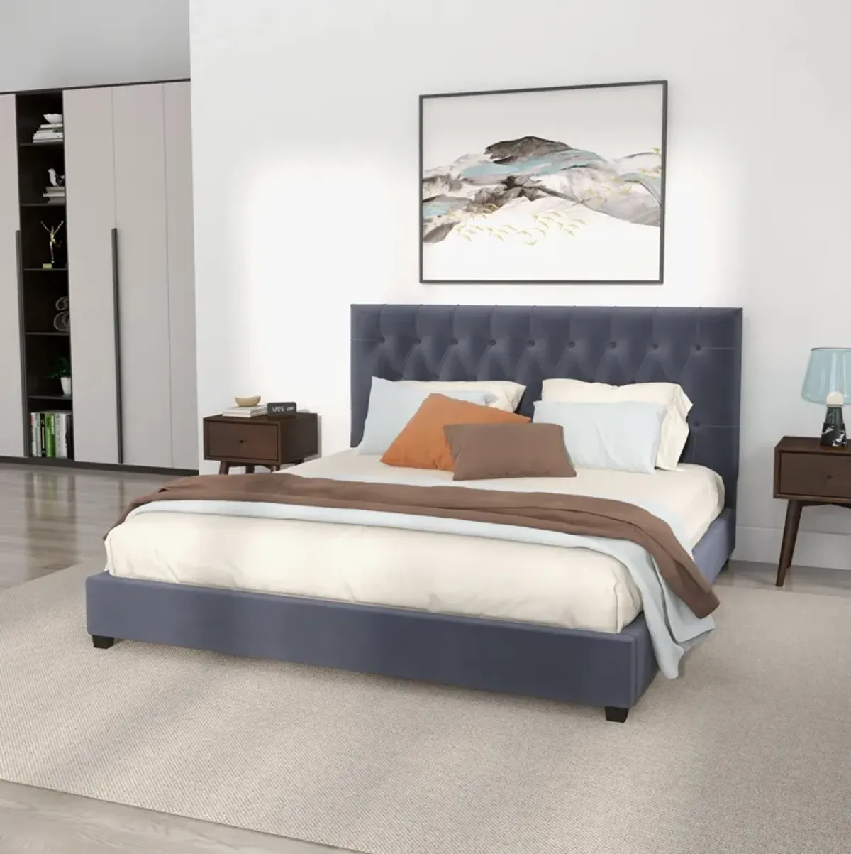 Eldridge King Gray Velvet Platform Bed