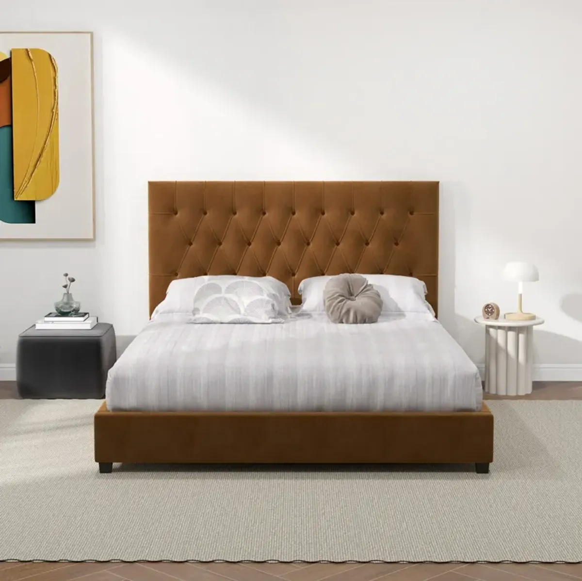 Eldridge Queen Cognac Velvet Platform Bed