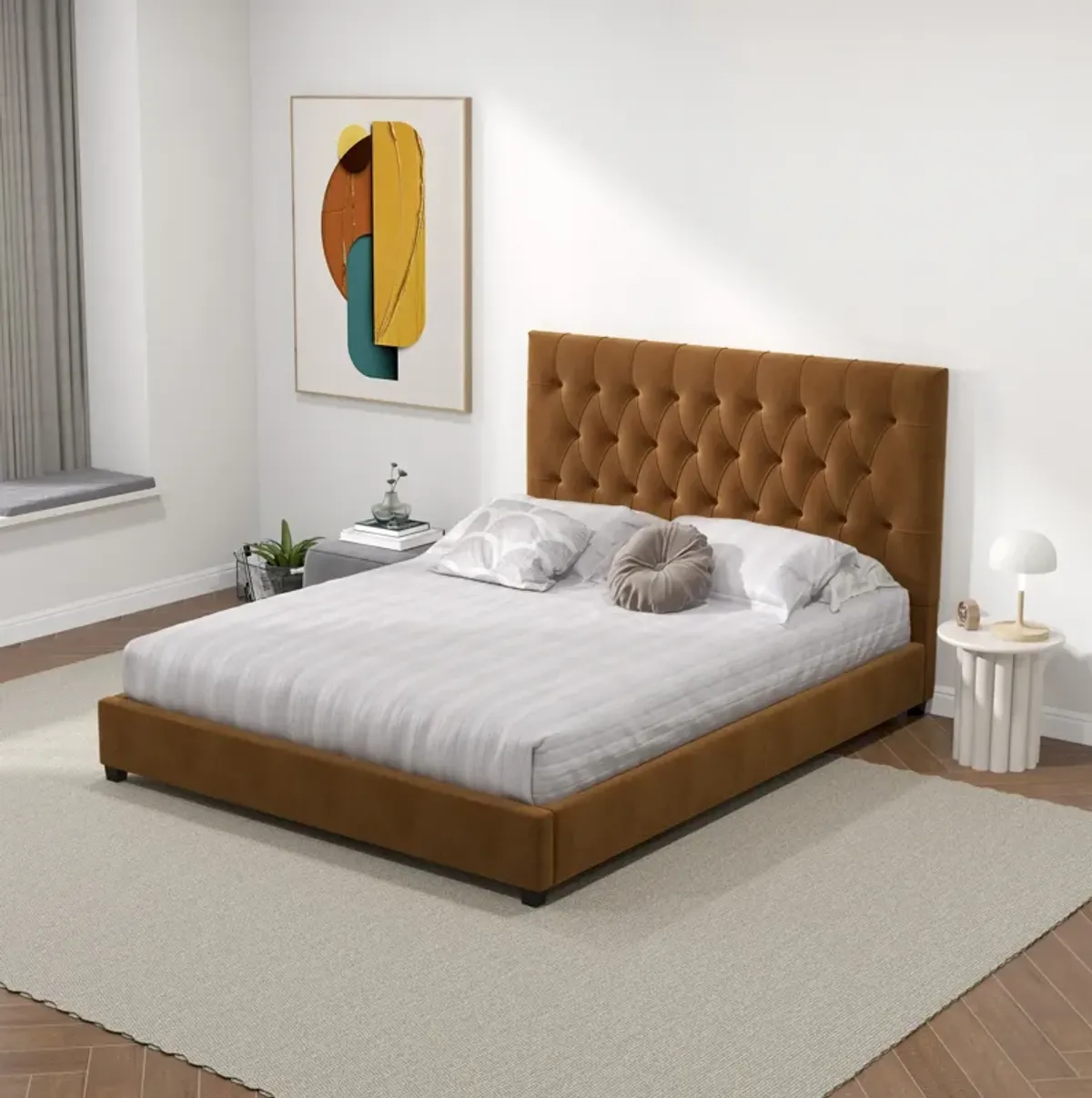 Eldridge Queen Cognac Velvet Platform Bed